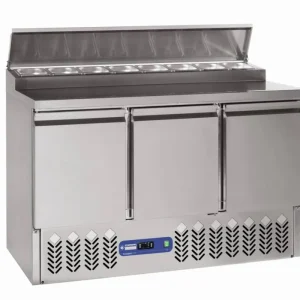 Gekoelde tafel 3 deuren GN 1/1, + koelstructuur 8x GN1/6-150 mm - 1365x700x(h)850mm Koopje