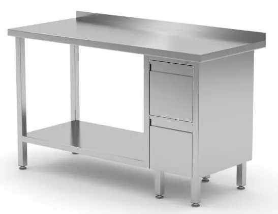 Voordeelprijs Werktafel RVS + Ladeblok (rechts) 2 lades + Bodemschap + Spatrand 800(b)x700(d)x885(h)mm