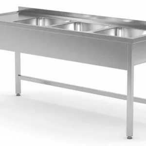 RVS Spoeltafel 1500(b)x700(d)x885(h)mm + 3 Spoelbakken (rechts) Open Onderkant Exclusieve Aanbieding