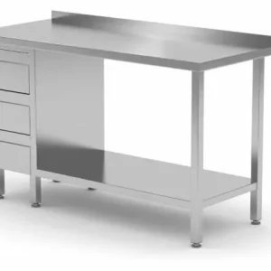 Actieprijs Werktafel RVS + Ladeblok (links) 3 lades + Bodemschap + Spatrand 800(b)x700(d)x885(h)mm