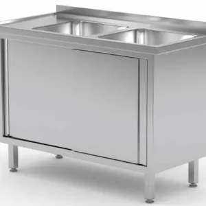 Spoeltafel RVS 1100(b)x600(d)x885(h)mm + 2 Spoelbakken rechts + 2 Schuifdeuren Beste Prijs