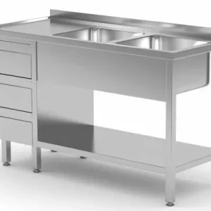 RVS Spoeltafel 1400(b)x700(d)x885(h)mm + 2 Spoelbakken rechts + 3 Ladenblokken Must-Have
