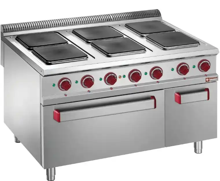Elektrisch fornuis met 6 vierkante kookplaten op elektrische oven GN 2/1, gesloten neutrale kast Lage Kosten
