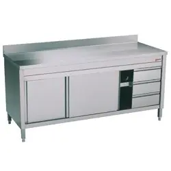 Beperkte Voorraad Tellerkast neutraal - ROESTVRIJ STAAL - 2 schuifdeuren - spatscherm - 3 lades rechts - 1600x700x(h)900mm