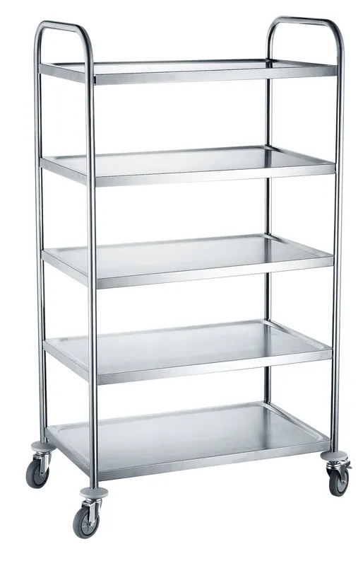Aanbieding RVS Serveerwagen Met 5 Bladen 910(b)x590(d)x1560(h)mm 4 Zwenkwielen