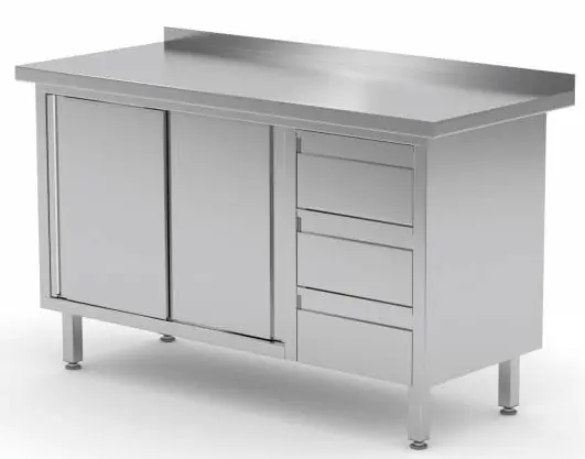Veilige Betaling Werkkast RVS + 3 Lades (rechts) + 2 Schuifdeuren + Spatrand 1200(b)x600(d)x885(h)mm