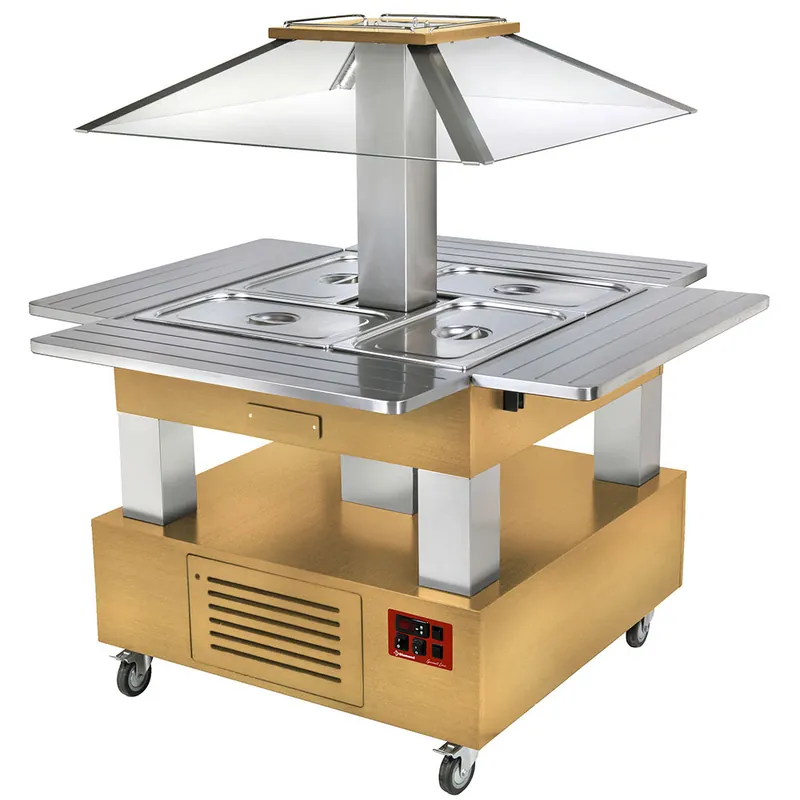 Direct Verzonden Eiland Buffet gekoeld - 4x 1/1GN - Gemotoriseerde koepel - Licht eikenhout