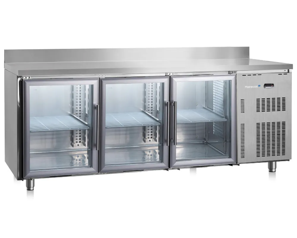 Marecos Softline koelwerkbank - 3 glasdeuren+spatrand - 2000x700x(h)850mm Op = Op