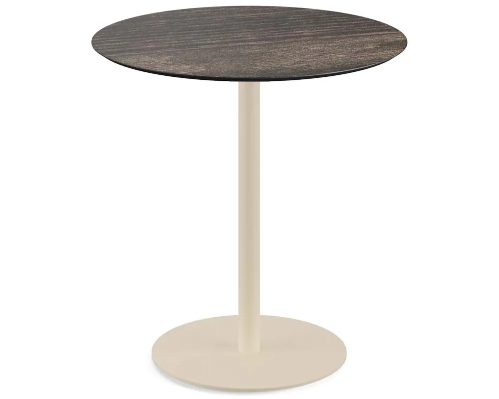 Premium Urban terrastafel zand frame + Riverwashed Wood HPL tafelblad Ø70cm