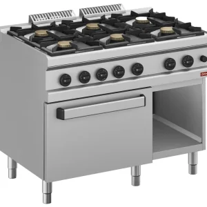Voordeelprijs Gasfornuis 6 branders, op gasoven GN 2/1 en kast - 1100x700x(h)850mm
