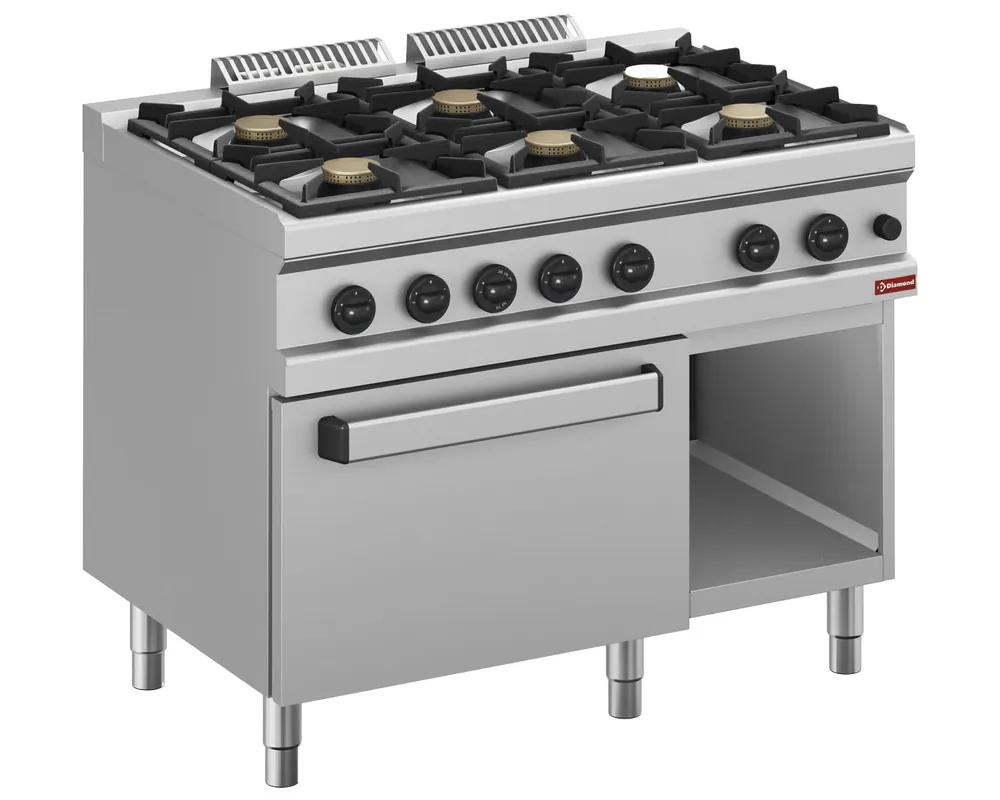 Voordeelprijs Gasfornuis 6 branders, op gasoven GN 2/1 en kast - 1100x700x(h)850mm