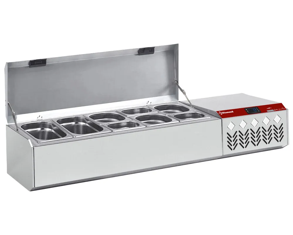 Voordeelprijs Opzetkoelvitrine met RVS deksel 5x 1/4GN - 1330x324x(h)387/401mm