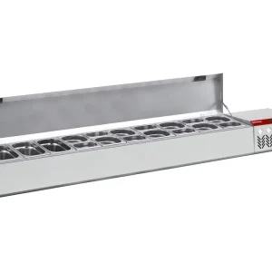 Uitverkoop Opzetkoelvitrine met RVS deksel 10x 1/4 + 1x1/9GN - 2260x324x(h)387/401mm
