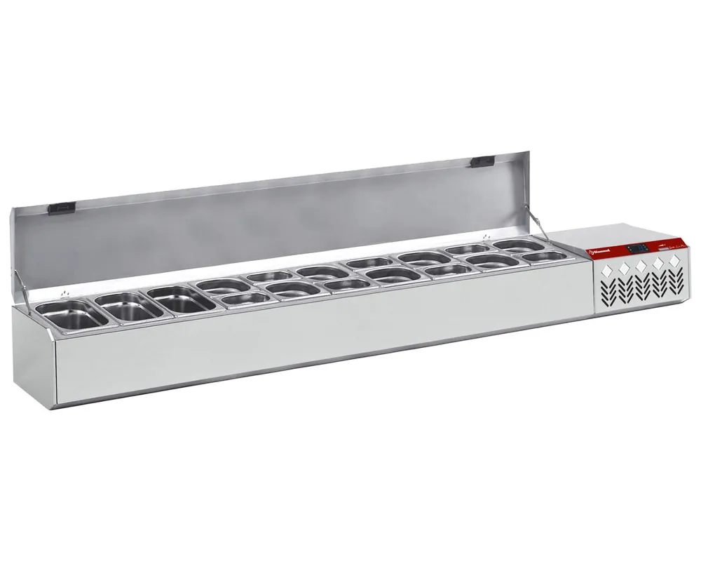 Uitverkoop Opzetkoelvitrine met RVS deksel 10x 1/4 + 1x1/9GN - 2260x324x(h)387/401mm