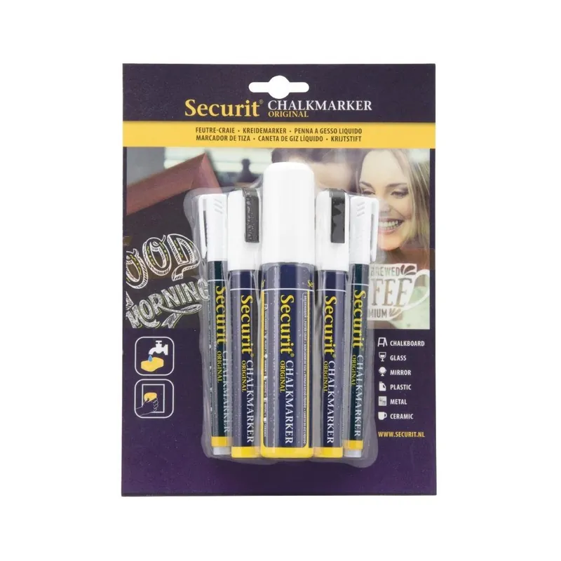 Securit 5 Original Chalk Marker een ronde, geciseleerde stift met blokpunt in wit Op = Op