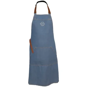 Seizoensaanbieding Denim schort - Light washed - Leren schouderbanden cognac