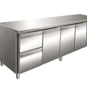 Voordeelprijs Gastro-Inox RVS GN koelwerkbank met 3 deuren en 2 laden, geforceerd gekoeld