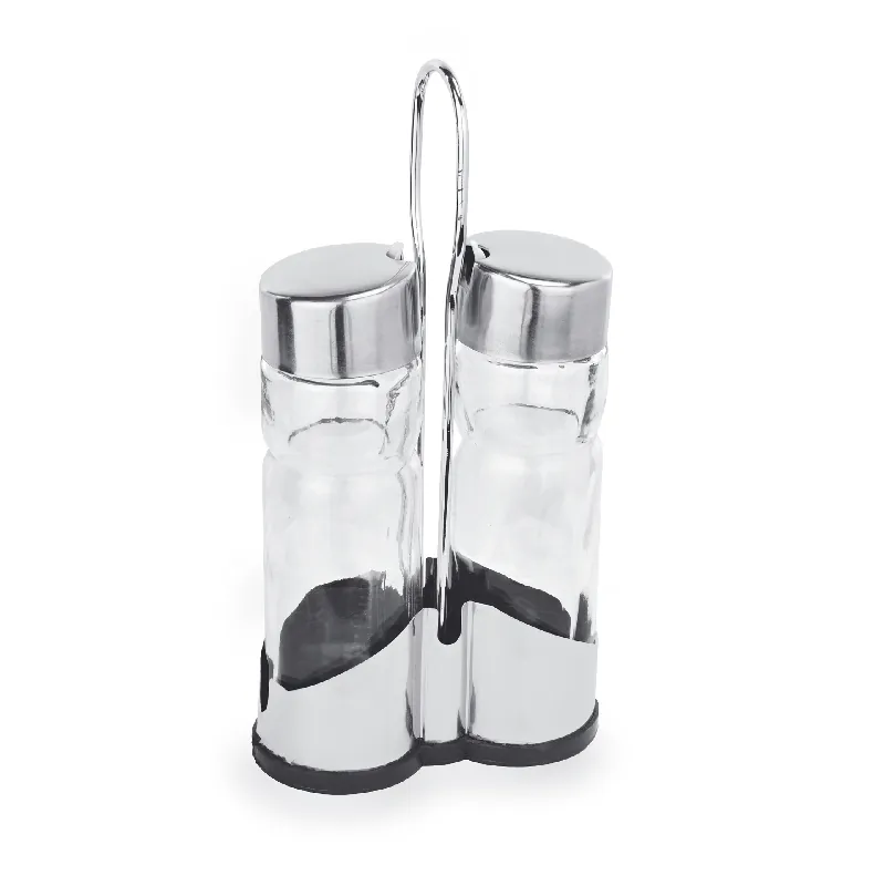 Kruidenrek 2-delig MENAGE 1755 - azijn & olie - hoogte 20 cm - chroomnikkelstaal - roestvrij staal - kunststof - glas Exclusieve Aanbieding