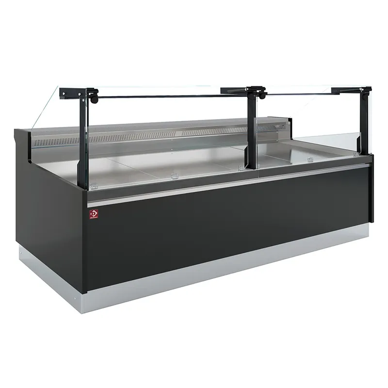 Geventileerde vitrinetoonbank, met reserve, verticale ruit 90° met zuigerlift - FULL BLACK Lage Kosten