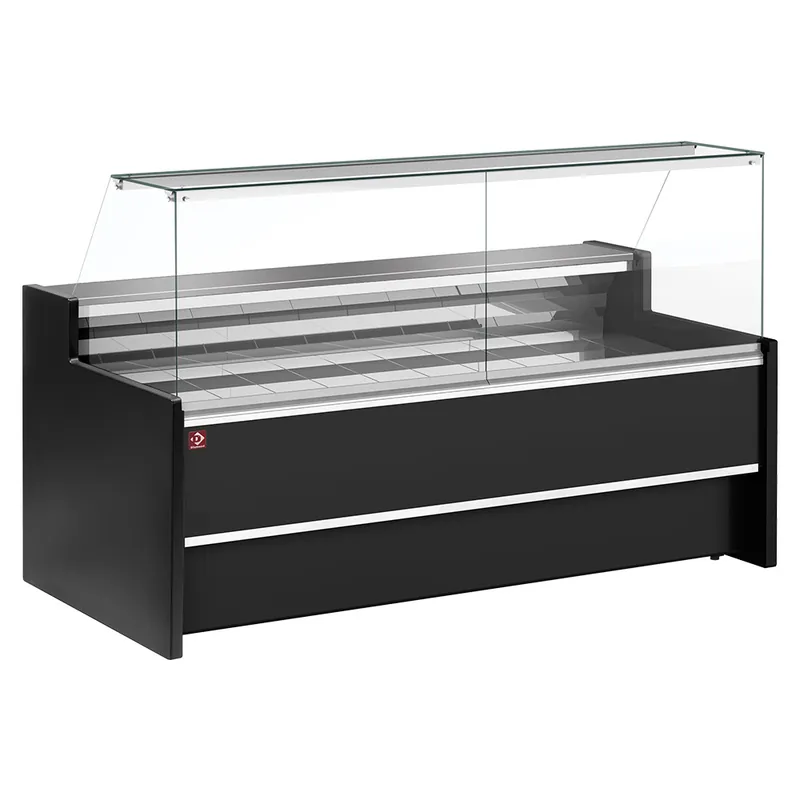 Snelle Levering Geventileerde gekoelde vitrinetoonbank- met recht frontglas 90° met reserve - ZWART