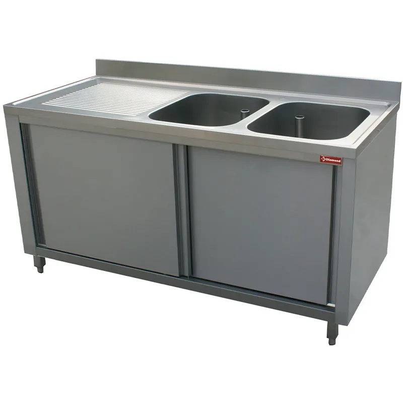 Spoeltafel 2 kuipen 400x500xh275, links druipvlak op kast met 2 schuifdeuren Bestseller