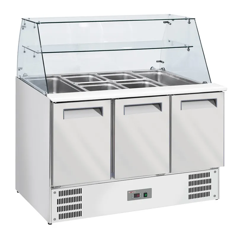 Rechtstreeks Van De Fabrikant Gekoelde saladette met gebogen glas 4x GN1/1-150 mm + reserve 3 deuren GN 1/1