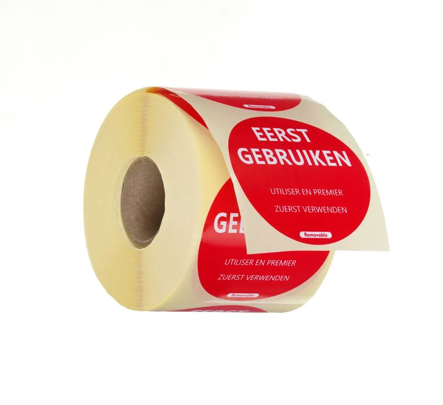 Alleen Vandaag Voedselveiligheidsstickers - multifunctioneel - eenvoudig verwijderbaar - “EERST GEBRUIKEN” - Rood - 500 st. - Ø50mm NL