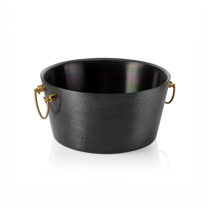 Fabrieksprijs champagnekoeler, met messinggrepen, Ø 34 cm, hoogte 17 cm, zwart, dubbelwandig, gehamerd oppervlak, PVD-coating, chroom-nikkelstaal, messing
