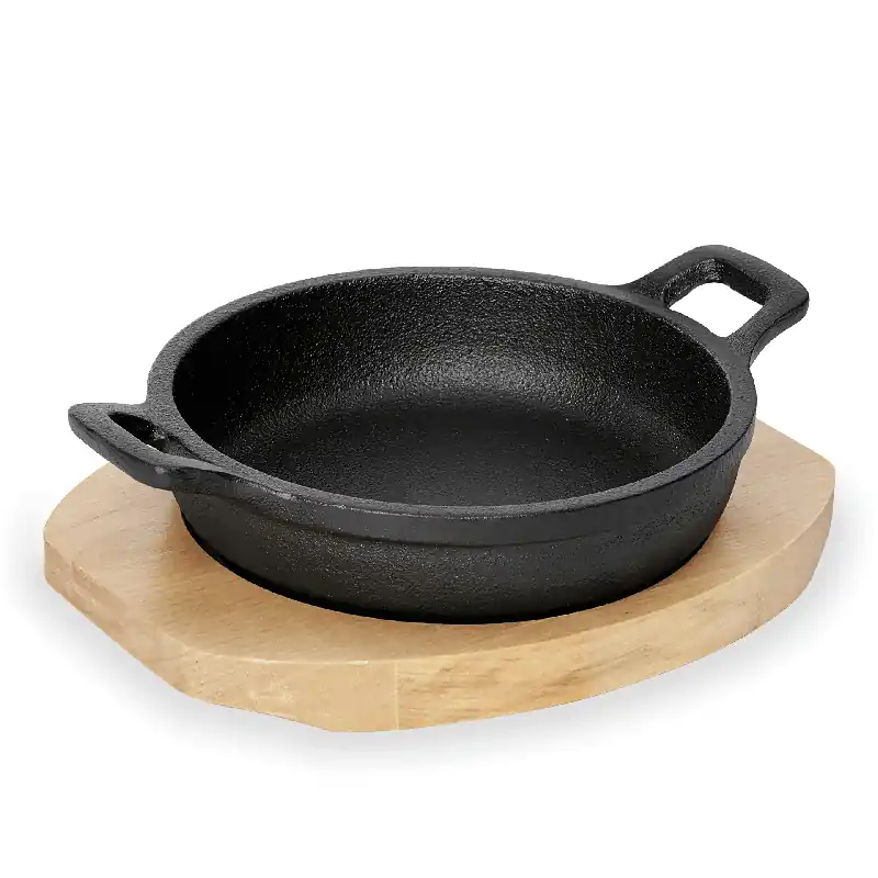 Finale Uitverkoop Serveerpan IRON DINING, met houten onderzetter, Ø 13 cm, hoogte 3 cm, gietijzer, hout