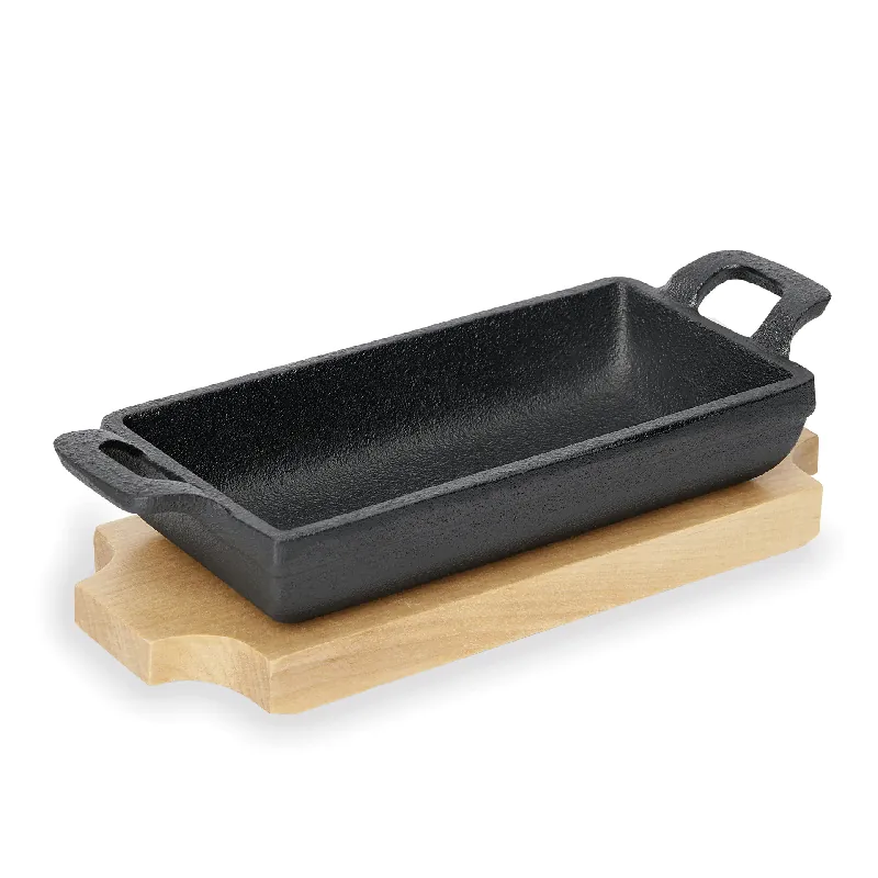 Lage Kosten Mini serveerpannetje IRON DINING, met houten onderzetter, 18 x 9,5 x 3 cm, gietijzer, hout