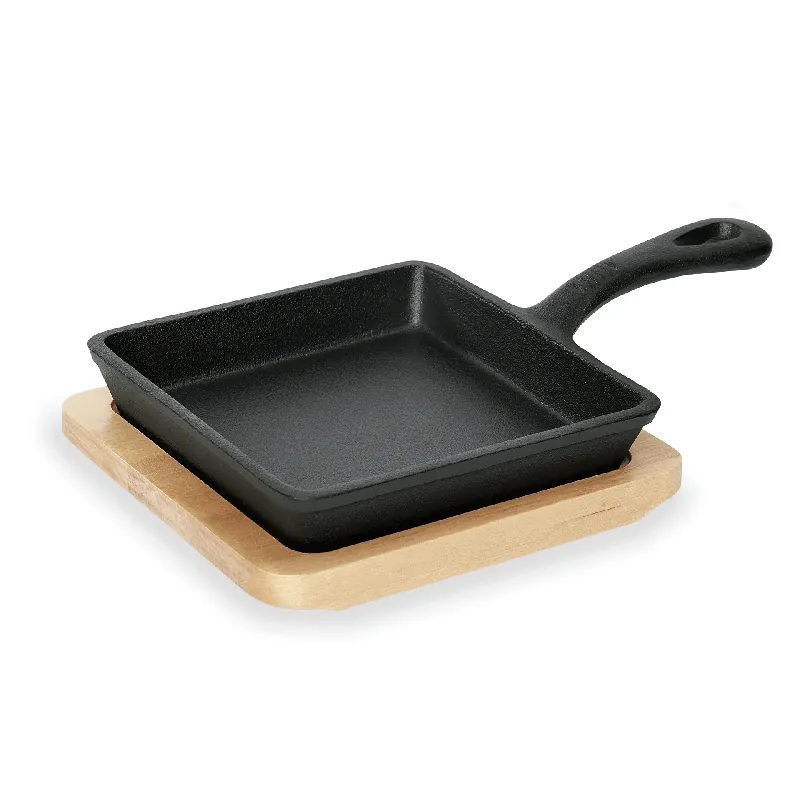 Mini serveerpannetje IRON DINING, met houten onderzetter, 14,5 x 14,5 x 2,5 cm, gietijzer en hout Koop Online