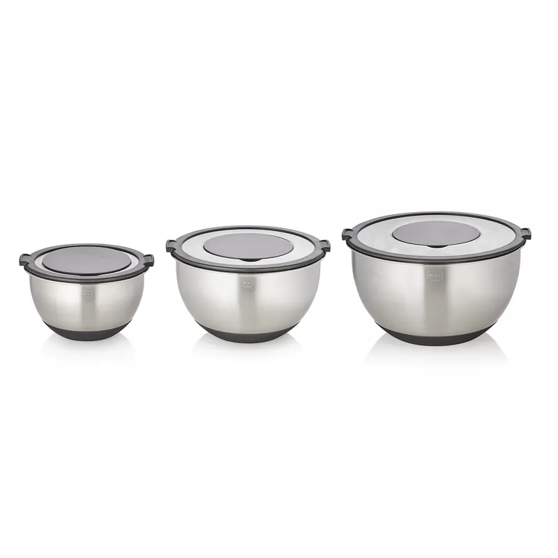 Kom-set, drie-delig, Ø 11/13/15 cm, 3 opzetstukken, antislipbodem, chroomnikkelstaal, silicone Actieprijs
