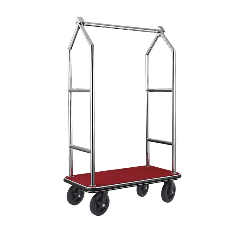 Bagagewagen VOYAGER, 112 x 65 x 190 cm, geborsteld, rood tapijt, chroomnikkelstaal 18/8 Koopje