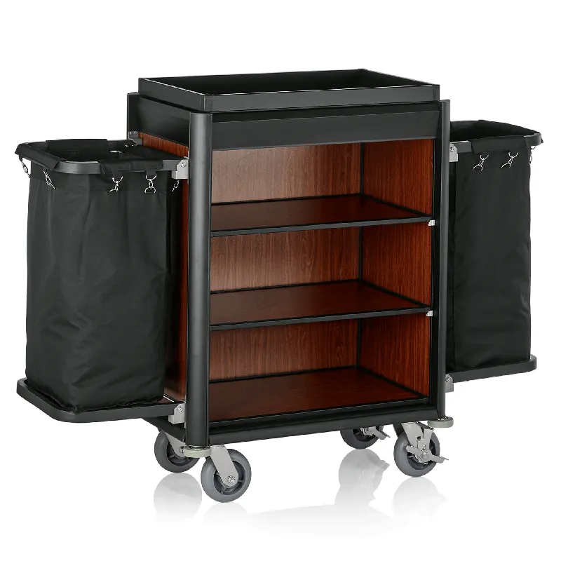 Kamerservicetrolley ISABELLA, 155 x 55 x 116 cm, zwarte randen, donkere houtlook, aluminium, MDF, polyestervezelstof Koop Online