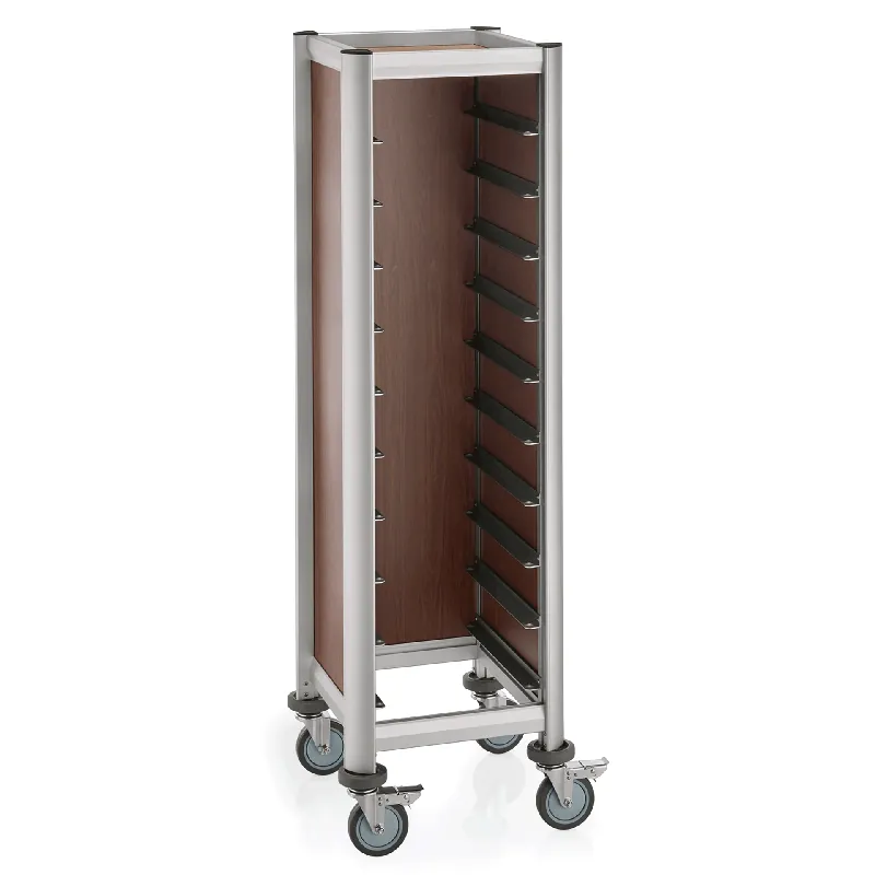 Fabrieksprijs Dienbladwagen SINGLE MENSA, voor 10 dienbladen, bruin, 51,5 x 47,5 x 165 cm, MDF houtlook/aluminium