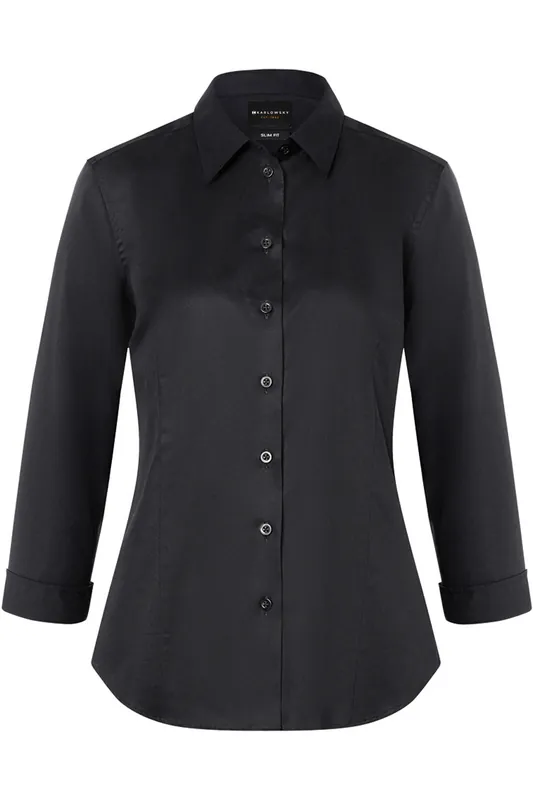 Damesblouse Van Active-Stretch Met 3/4 Mouwen In Slim-Fit Model - Zwart - L Populair