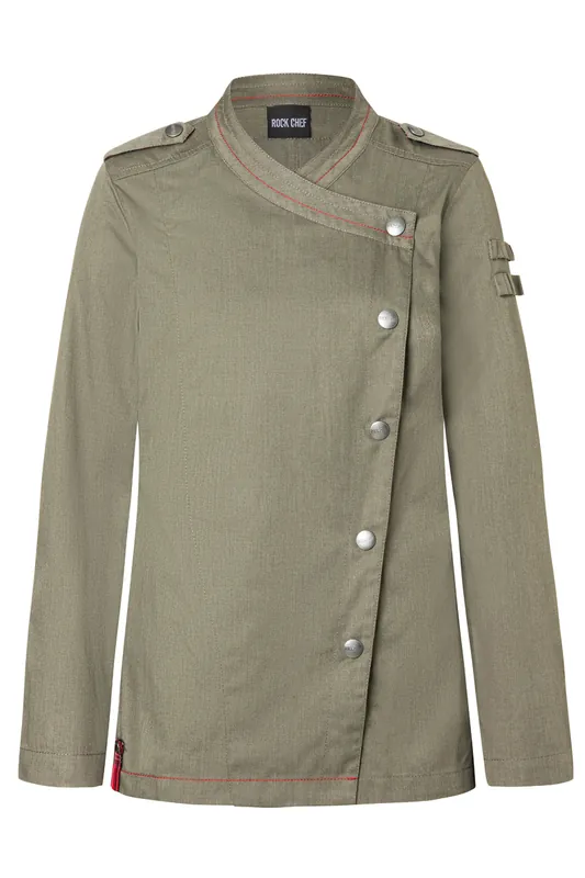 Dames Koksbuis Met Lange Mouwen In Denimstijl Rock Chef-Stage2 - Vintage Mosgroen - 34 Exclusieve Aanbieding
